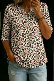 Women’s Leopard Rose Print Half Sleeve Henley Cotton Blend Top