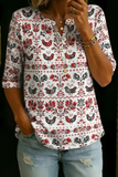 Women’s Red Folk Bird Print Half Sleeve Henley Cotton Blend Top