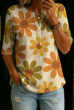 Women’s Retro Daisy Print Half Sleeve Henley Cotton Blend Top