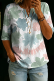 Women’s Pastel Watercolor Floral Print Half Sleeve Henley Cotton Blend Top