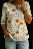 Women’s Sunflower Lavender Print Half Sleeve Henley Cotton Blend Top