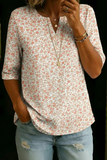 Women’s Ivory Pink Ditsy Floral Print Half Sleeve Henley Cotton Blend Top
