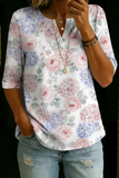 Women’s Pink Hydrangea Rose Print Half Sleeve Henley Cotton Blend Top