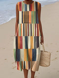Women's Abstract Geometric Pattern Art Print Sleeveless Cotton Pocket Wrap Dress