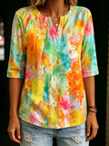Artistic Watercolor Palette Print Elbow-length Sleeves Cotton T-shirt