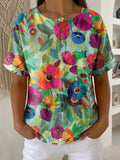 Women's Vintage Flower Pattern Printed Cotton Linen Top