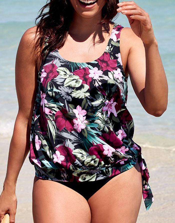 Wine Pink Flower Side Tie Blouson Tankini Set