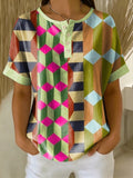 Retro Color-block Patchwork Print Loose-fit Cotton-linen Short-sleeve Shirt