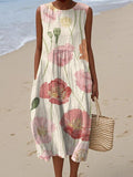 Women's Vintage Art Flower Print Sleeveless Cotton Pocket Wrap Dress