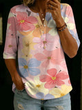 Women's Vintage Floral Print, Henley Collar, Mid-sleeve, Loose-fit Cotton-linen Shirt