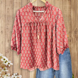 Charming Vintage Floral Printed V Neck Blouse Women's Cozy 3/4 Sleeve Top