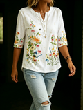 "Floral Whispers" — Bouquet-print Cotton T-shirt With Elbow-length Sleeves