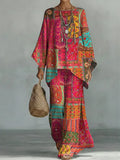 Women's Vintage Ethnic Art Comfortable Linen Cotton Top And Wide-leg Pants Two-piece Set