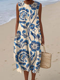 Women's Lovely Floral Art Print Sleeveless Cotton Pocket Wrap Dress