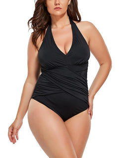 Black V-Neck Halter One Piece Swimsuit