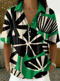Retro Color-block Botanical Print Cotton-linen Short-sleeve Shirt