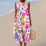 Women's Vintage Floral Cat Art Print Sleeveless Cotton Pocket Wrap Dress