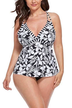 Black Flower V-neck Loop Strap Tankini Set