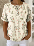 Women's Flower Pattern Printed Cotton Linen Top