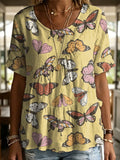 Dreamlike Butterfly Decorative Pattern Women's Short Sleeve Round Collar Cotton Shirt