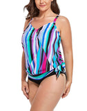 Color Bars Side Tie V-neck Tankini Set
