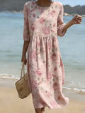 Women's Casual Solid Color Round Neck Mid-Sleeve Floral Print Cotton Linen Dress