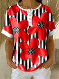 Retro Color-block Patchwork Print Loose-fit Cotton-linen Short-sleeve Shirt
