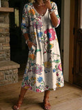 Women's Flower Print Casual Loose-fit Cotton-linen Dress With Lace Trim And Paneling
