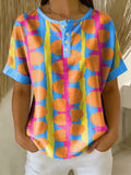 Retro Color-block Patchwork Print Loose-fit Cotton-linen Short-sleeve Shirt
