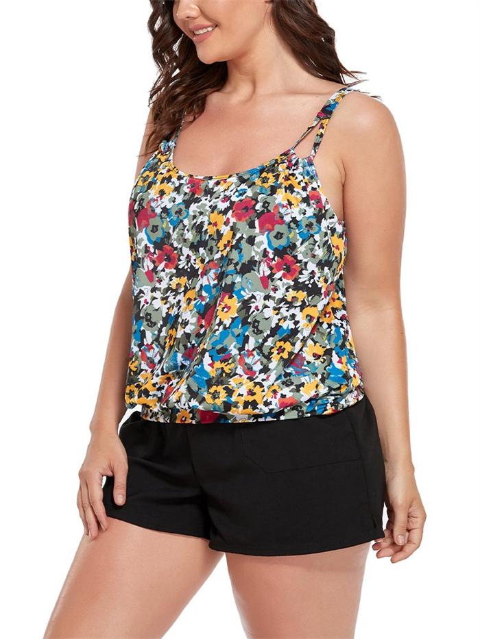 Small Floral Painting Loop Strap Blouson Tankini with Cargo Swim Short