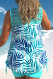 Tropical Print Cyan Lace Stitching Tankini Set