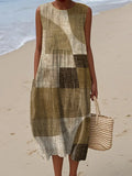 Women's Vintage Abstract Geometric Plaid Painting Art Print Sleeveless Cotton Pocket Wrap Dress