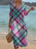 Bohemian-style Color-block Plaid Art Print Cotton-linen Dress