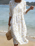 Women's Casual Solid Color Round Neck Mid-Sleeve Floral Print Cotton Linen Dress