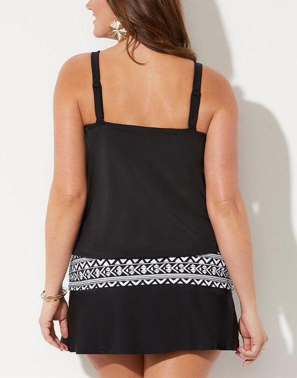 Black Loop Strap Blouson Tankini With A-Line Swim Skirt