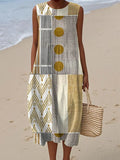 Women's Vintage Abstract Geometry Art Print Sleeveless Cotton Pocket Wrap Dress