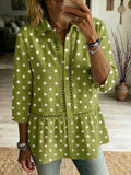 Casual Patchwork Cutout Webbing Polka-dot Linen-cotton Shirt