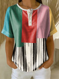 Retro Color-block Patchwork Print Loose-fit Cotton-linen Short-sleeve Shirt