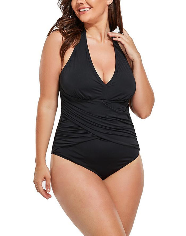 Black V-Neck Halter One Piece Swimsuit