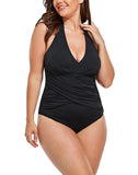 Black V-Neck Halter One Piece Swimsuit