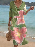 Large Floral Print Cutout V-neck Vacation Dress