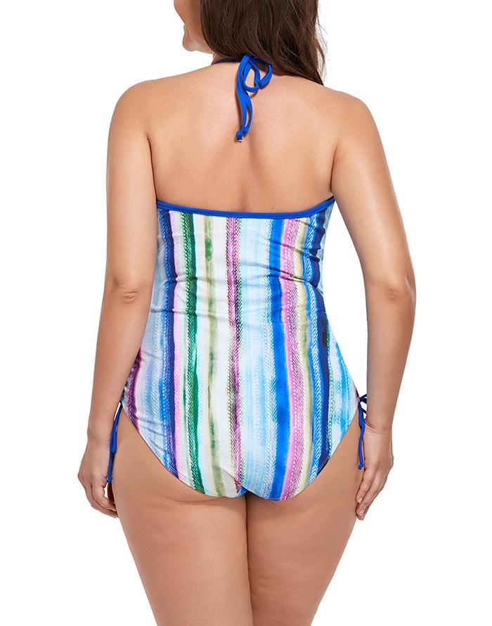 Multistripe V-neck Halter One Piece Swimsuit