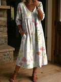 Women's Flower Print Casual Loose-fit Cotton-linen Dress With Lace Trim And Paneling