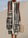 Women's Vintage Abstract Black Stripes Painting Art Print Sleeveless Cotton Pocket Wrap Dress