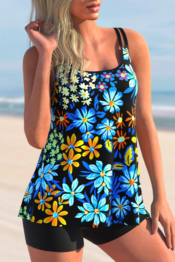 Blue Floral Double Straps Plus Size Tankini Set