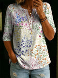 Women's Floral Pattern Art Print Casual Classic Henley Collar 100% Cotton T-shirt