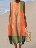 Women's Vintage Abstract Geometric Art Print Sleeveless Cotton Pocket Wrap Dress