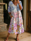 Women's Daisy Print Casual Loose-fit Cotton-linen Dress With Lace Trim And Paneling