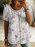 Women's Vintage Floral Print, Spliced, And Cutout-trimmed Loose Cotton-linen Shirt