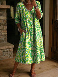 Women's Flower Print Casual Loose-fit Cotton-linen Dress With Lace Trim And Paneling